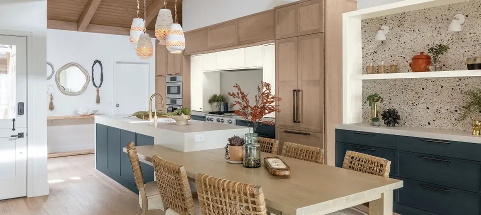 kitchen with brown omega cabinets and white countertops